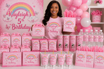 Pink rainbow custom party favors bundle from MK Eye Catching Eventful Creations LLC, with colorful decorations and personalized details.