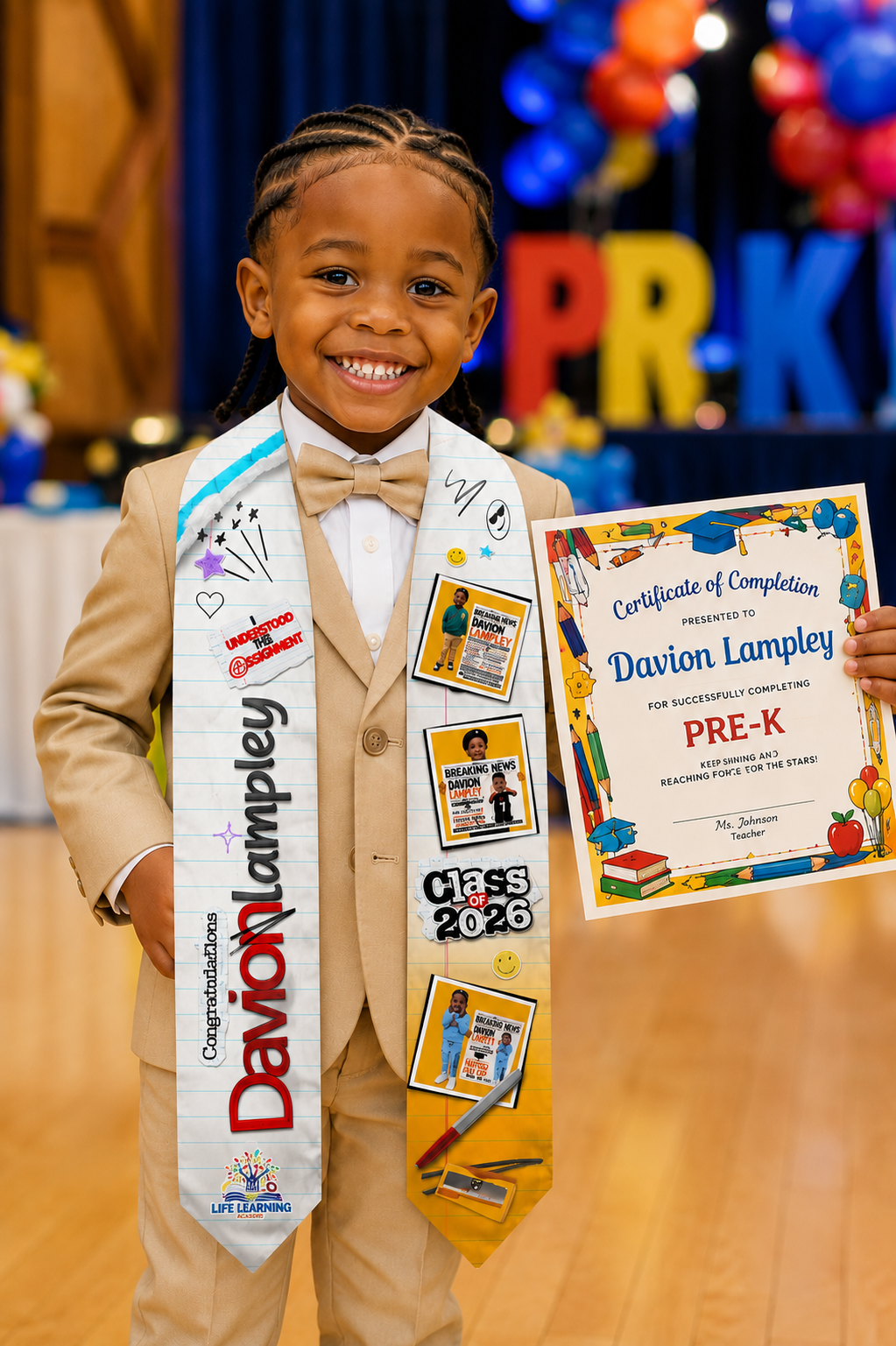 Child in a pre-K graduation outfit holding a certificate with colorful background
