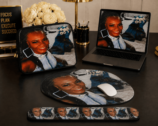 Personalized keyboard mouse pad, wrist rest support, and laptop sleeve set from MK Eye Catching Eventful Creations LLC.