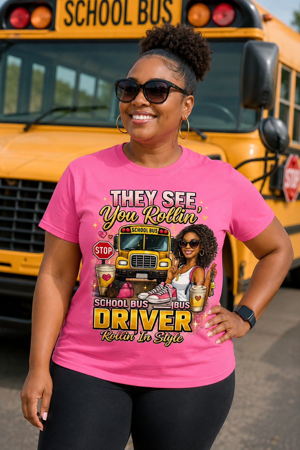 MK EYE CATCHING EVENTFUL CREATIONS LLC They See Me Rollin' T-Shirt featuring a school bus driver transportation graphic on a casual tee.