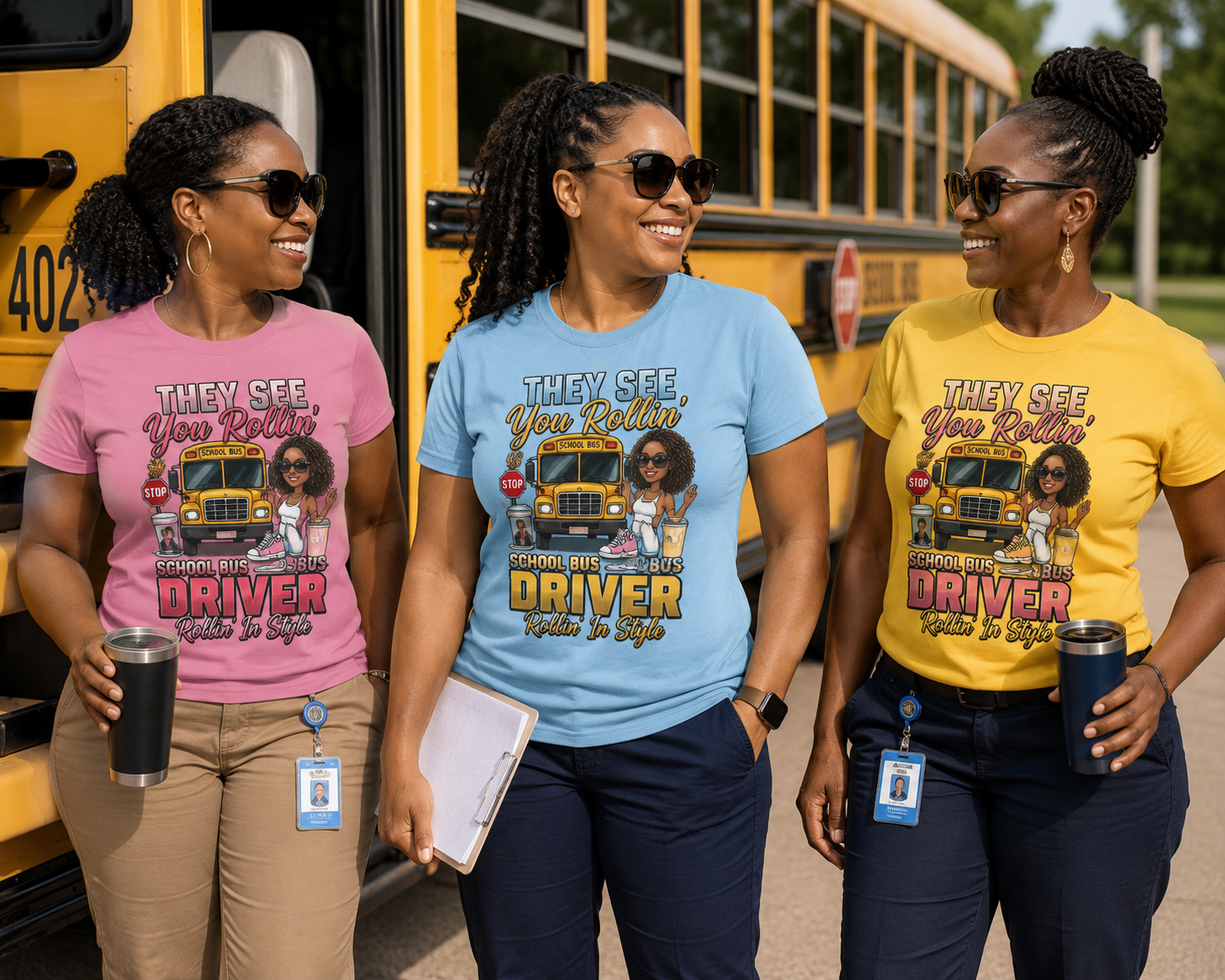 Funny "They See Me Rollin'" T-Shirt by MK Eye Catching Eventful Creations LLC featuring a school bus driver graphic.