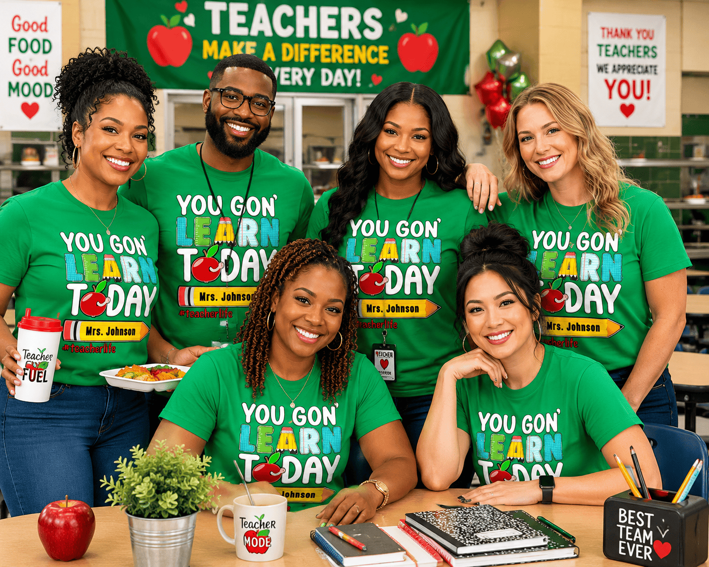 Custom centerprint graphic T-shirt by MK Eye Catching Eventful Creations LLC featuring a "You Go N Learn Today Teacher" design.