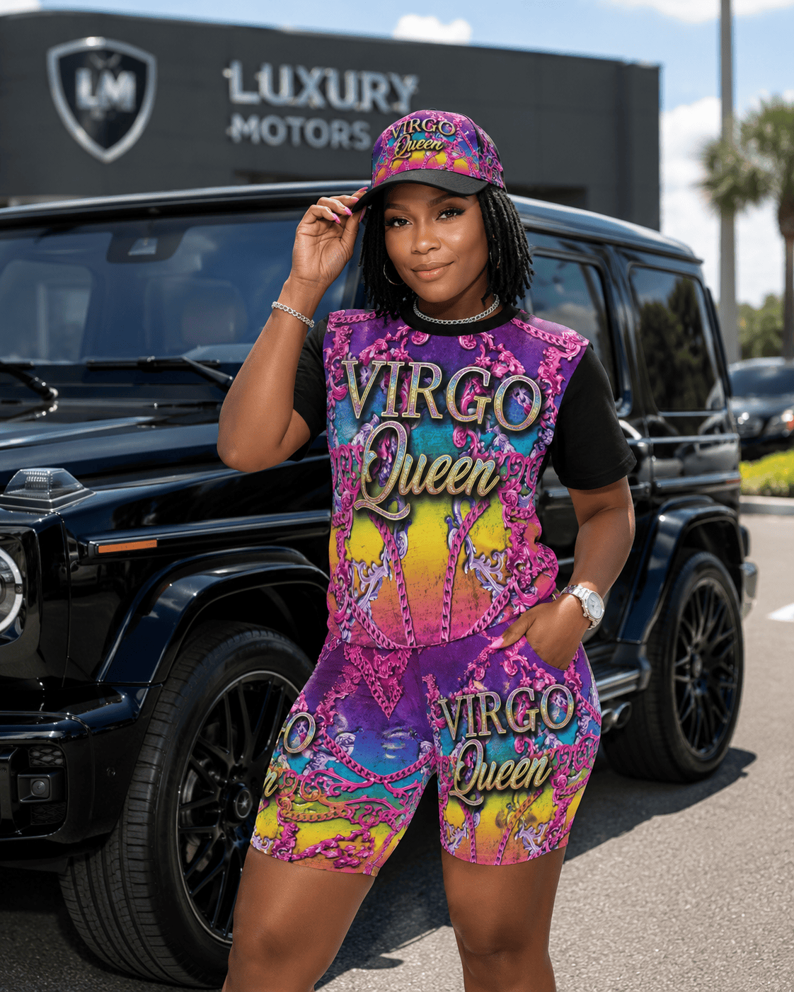 Person wearing a colorful 'Virgo Queen' outfit in front of a black SUV with 'Luxury Motors' branding.