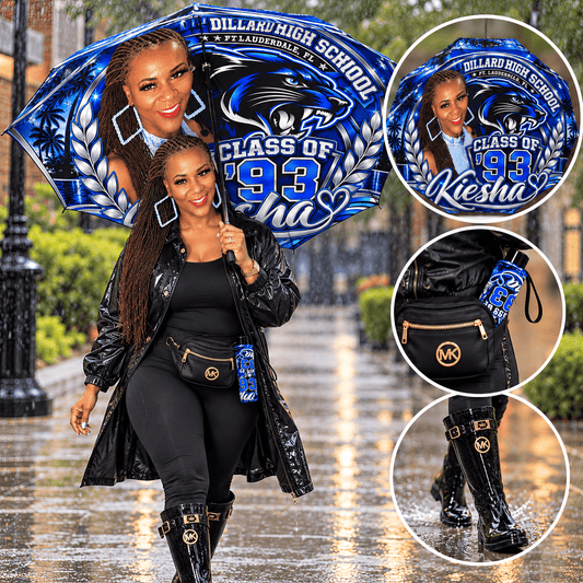 Personalized photo umbrella by MK EYE CATCHING EVENTFUL CREATIONS LLC featuring custom Dillard alumni image and vibrant design.