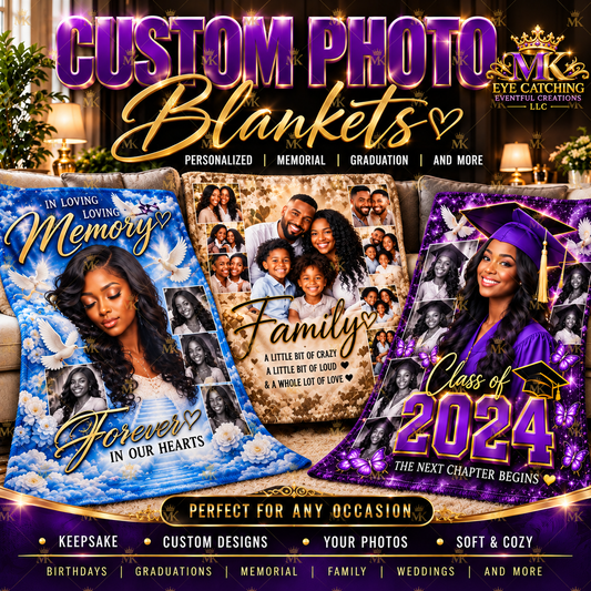 Full-coverage personalized photo blankets with edge-to-edge printing and no white borders — memorial, family and graduation designs