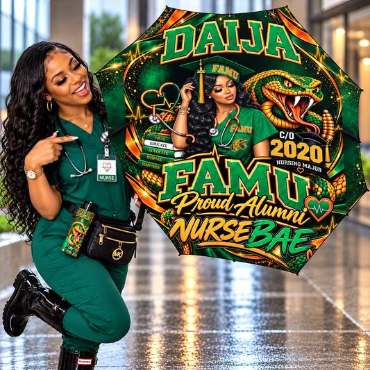 Personalized FAMU nurse photo umbrella with green and gold artwork, displayed by a model in green scrubs